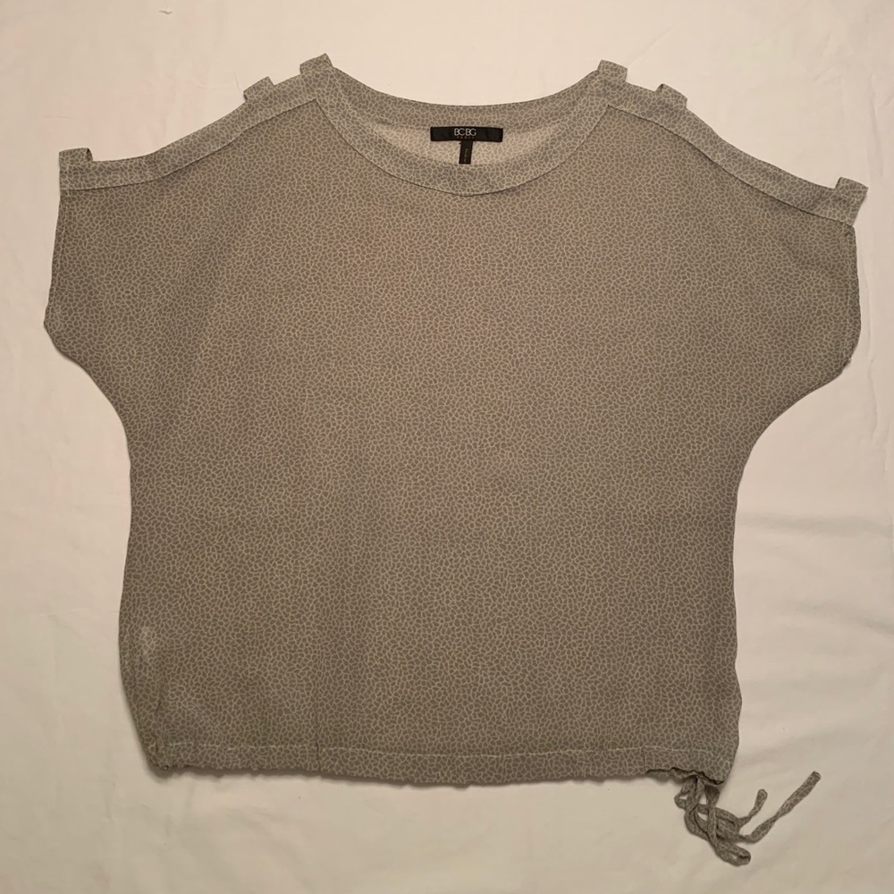 BCBG Sheer Top, Arm Cut Outs / Drawstring Bottom
